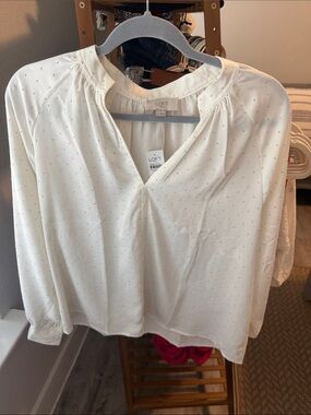 LOFT Ivory Split-Neck Long Sleeve Blouse